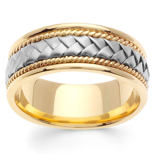 8.5mm Handmade Cord & White Woven Men's Wedding Band - 14K Two-Tone Gold